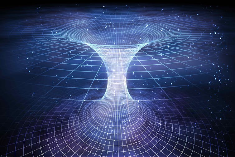 An illustration showing a wormhole joining points in space.