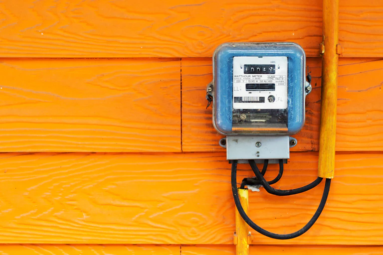 Electricity meter mounted on orange wall