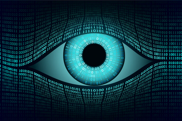 Illustration of a large eye made of binary code, signifying digital surveillance