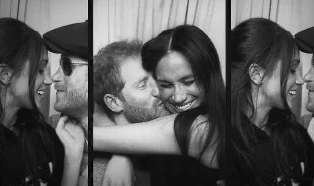 Black and white photos of Harry and Meghan kissing and embracing in a photobooth.