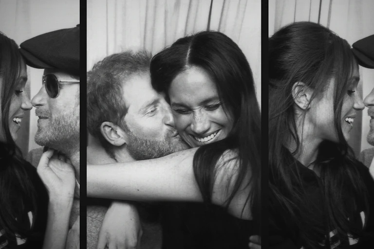 Black and white photos of Harry and Meghan kissing and embracing in a photobooth.