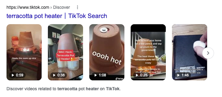 Google search results for 'terracotta heater tiktok'