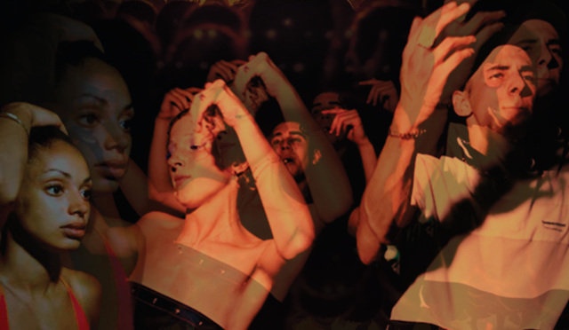 A blurred collage of people dancing in UK garage nights.