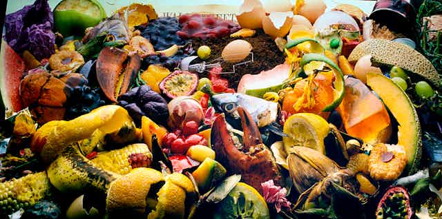 A heap of fruit, vegetable, fish and meat scraps
