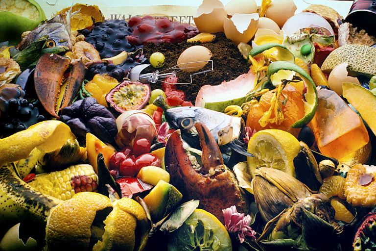 A heap of fruit, vegetable, fish and meat scraps