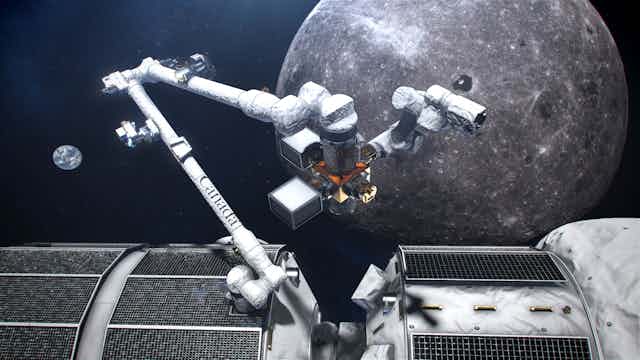a robot arm on the surface of a spacecraft with the moon and the earth in the background