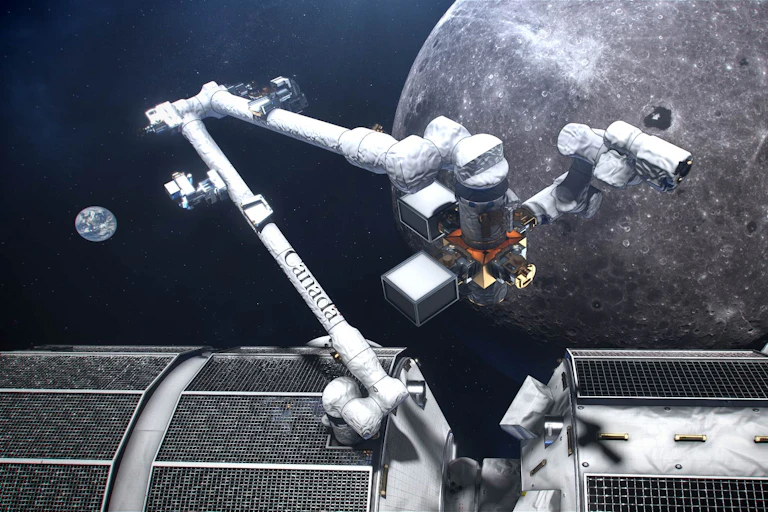 a robot arm on the surface of a spacecraft with the moon and the earth in the background