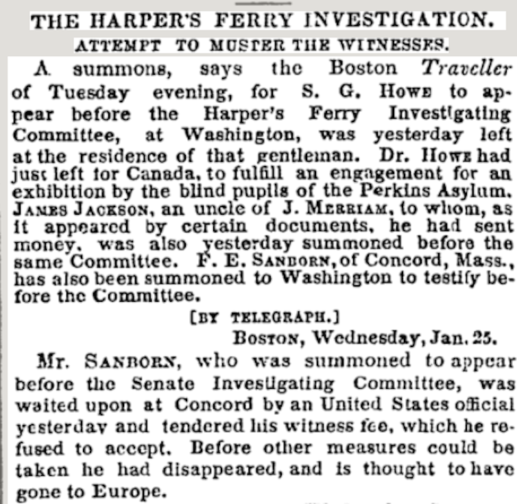 Un recorte de periódico de aspecto antiguo sobre el intento de un comité del Senado de conseguir testigos para testificar en 1860.