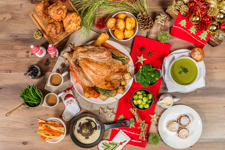 Christmas dinner spread.