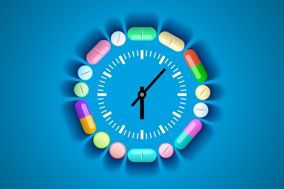 Illustration of pills surrounding a clock