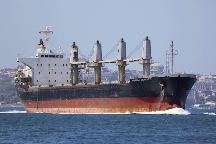 A large cargo ship with a rusty hull sails in a strait.