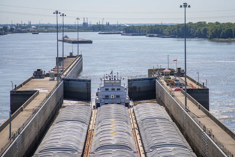 A tugboat pushes three full barges into a river lock.