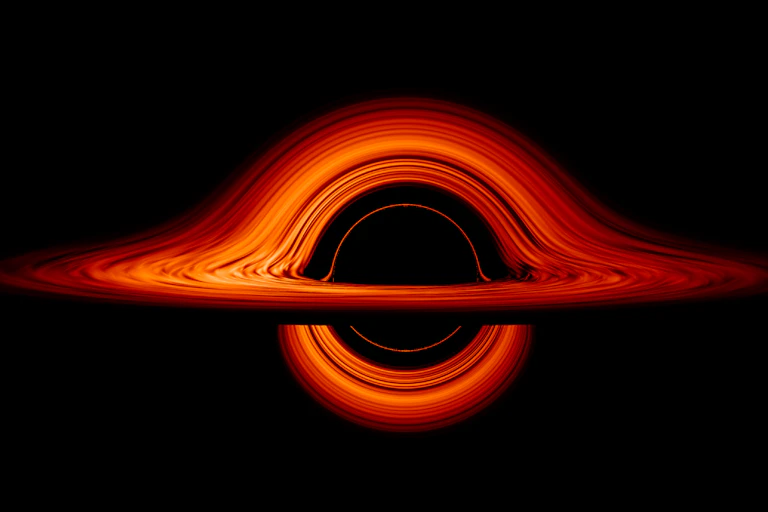 Illustration showed lines of orange light looping around a black hole.