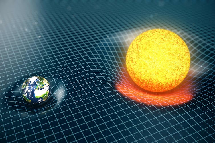 Illustration showing Earth and the Sun warping a background grid.