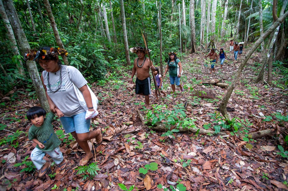Indigenous families walk in a line through the Amazon rainforest