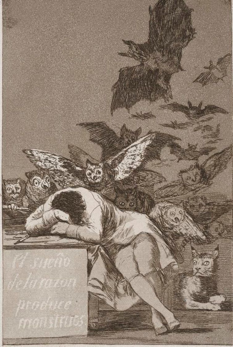 A man sleeps; monsters proliferate behind him.