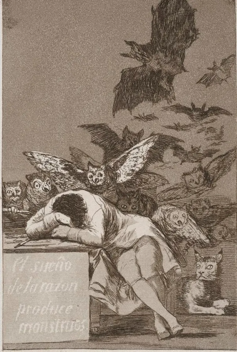 A man sleeps; monsters proliferate behind him.