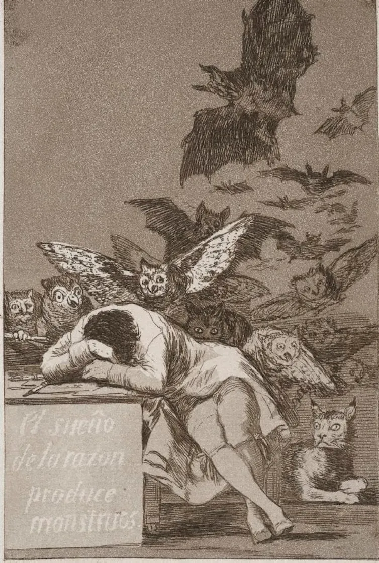 A man sleeps; monsters proliferate behind him.