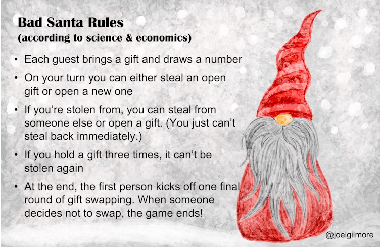 On your turn you can either steal an open gift or open a new one If you’re stolen from, you can steal from someone else or open a gift. If you hold a gift three times, it is locked. First person gets a final steal.