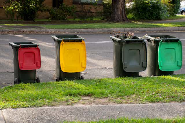 Bins of four different colours for kerbside collection