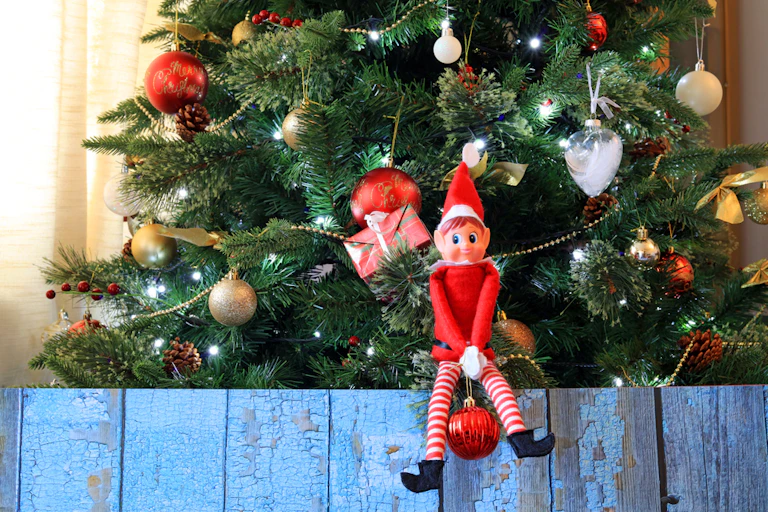 Elf sitting in front of a christmas tree
