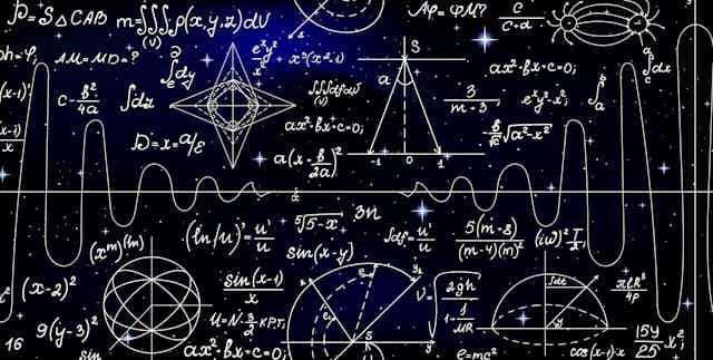 A dark sky background with complex mathematics and physics equations scribbled in white