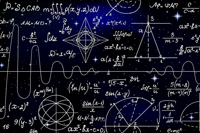 A dark sky background with complex mathematics and physics equations scribbled in white