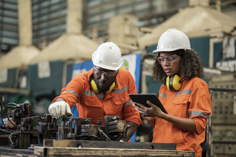 A man and woman engineers work to solve a mechanical problem on an assembly line