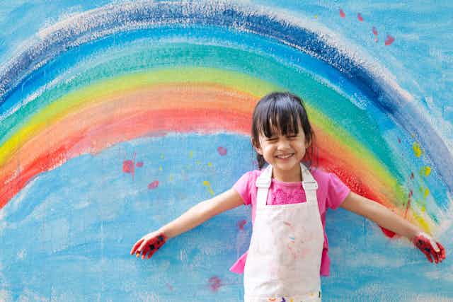 Little girl in front of rainbow painted on wall