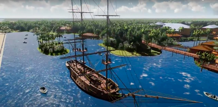 A lifesize replica of a slave ship graces Project Marina. Screenshot/YouTube/Presidency of Benin