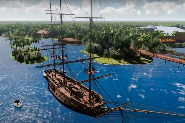 An illustration of a bay of water with an old ship, bridges and buildings veiled by tropical palm trees.