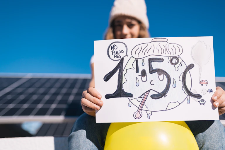A teenager holding a picture of a sickly Earth with 1.5°C written on it.