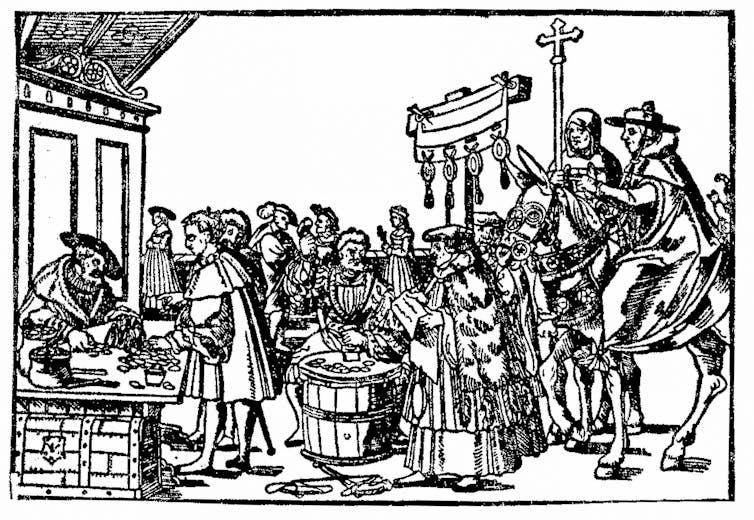 A black-and-white illustration shows people lining up to receive indulgences.