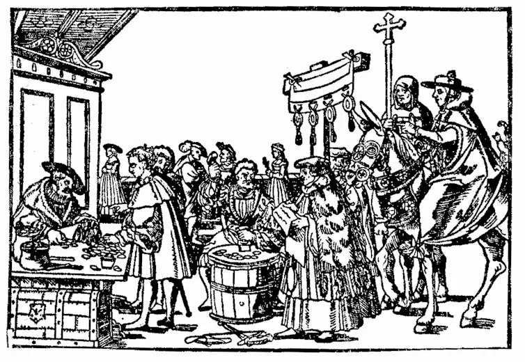 A black-and-white illustration shows people lining up to receive indulgences.
