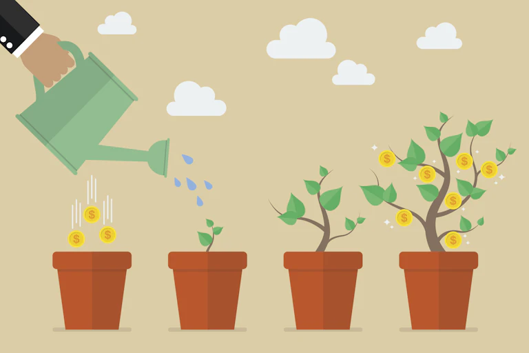 Hand seen holding a watering can that is sprinkling water into a plant, with another plant nearby that is a tree growing money.