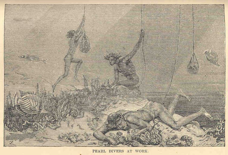 A drawing of men diving.