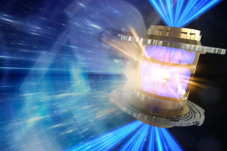 A glowing circular device with blue rays shooting from both ends and purple plasma within