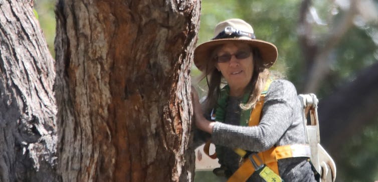 woman in hat leans against tree