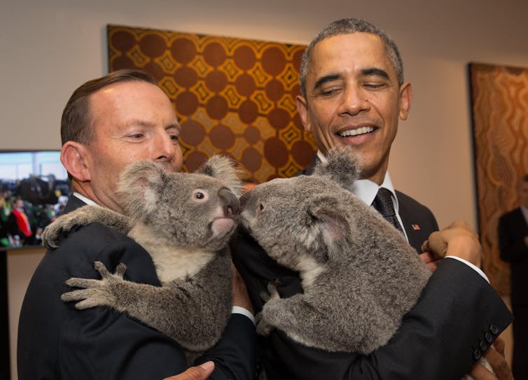 Tony Abbott and Barack Obama cuddling koalas