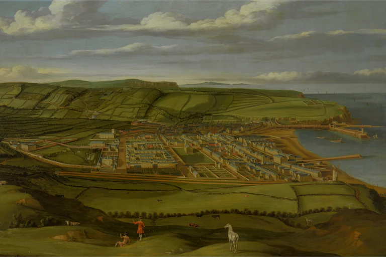 An 18th century painting showing the vista of Whitehaven - then rolling green coastal hills and a sandy beach.