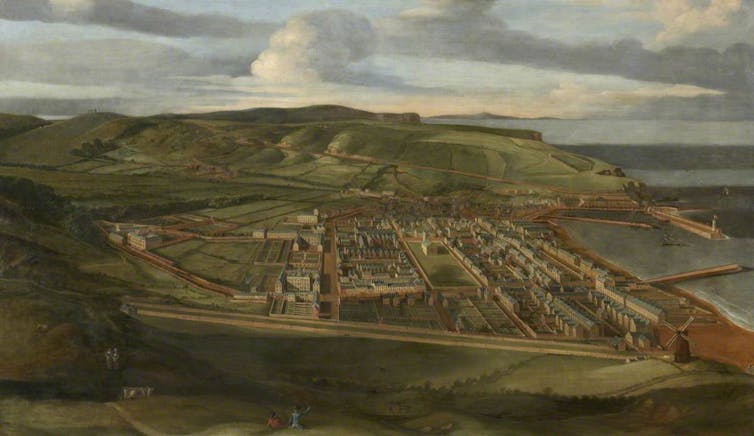 Oil painting of the Whitehaven vista showing the town's development, beach and rolling countryside.