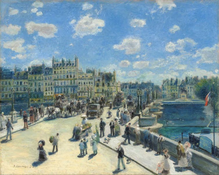 An impressionist painting of Post Neuf Paris with blue skies.