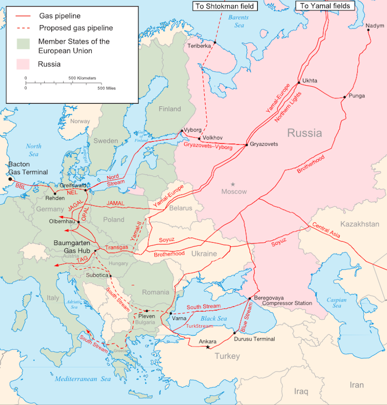 A map of Russian pipelines to the rest of Europe.