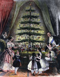 Drawing of royal family decorating a Christmas tree.