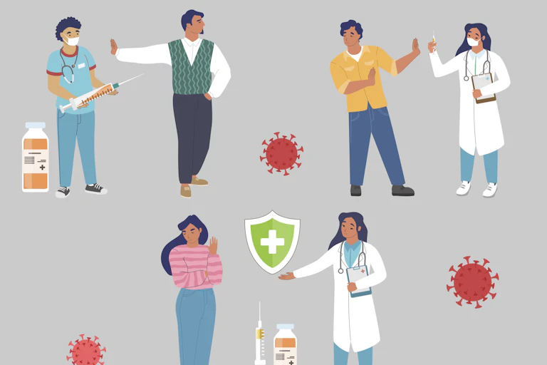 An illustration of a number of people rejecting vaccines.