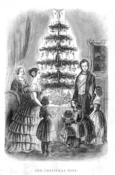 Drawing of adults and children gathered around a decorated Christmas tree