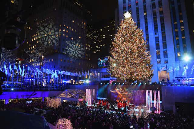 Crowd gathers before large Christmas tree decorated with multicolored lights.