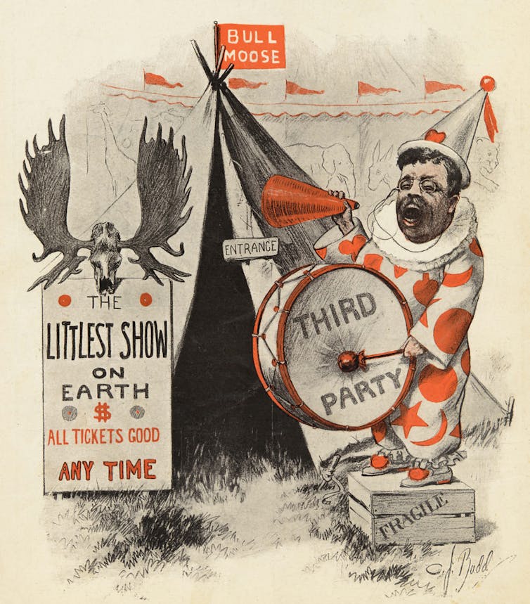 Esta caricatura muestra a un hombre disfrazado de payaso que toca un gran tambor mientras camina por un circo.