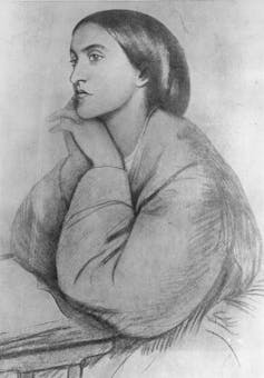 A black and white sketch of a brunette woman with puffy sleeves and a serious expression.