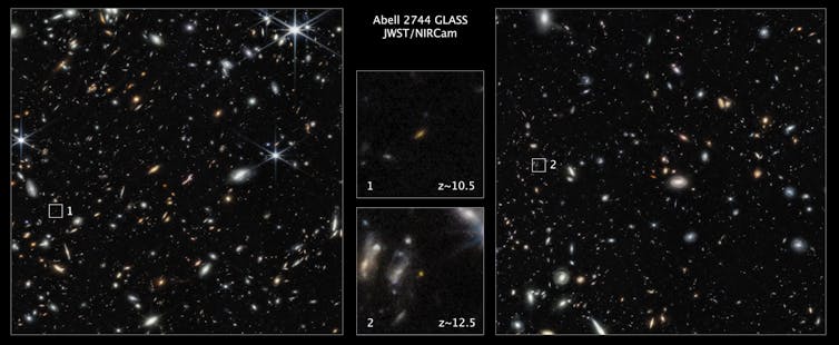 Two images showing a suite of galaxies with small boxes around faint red smudges.